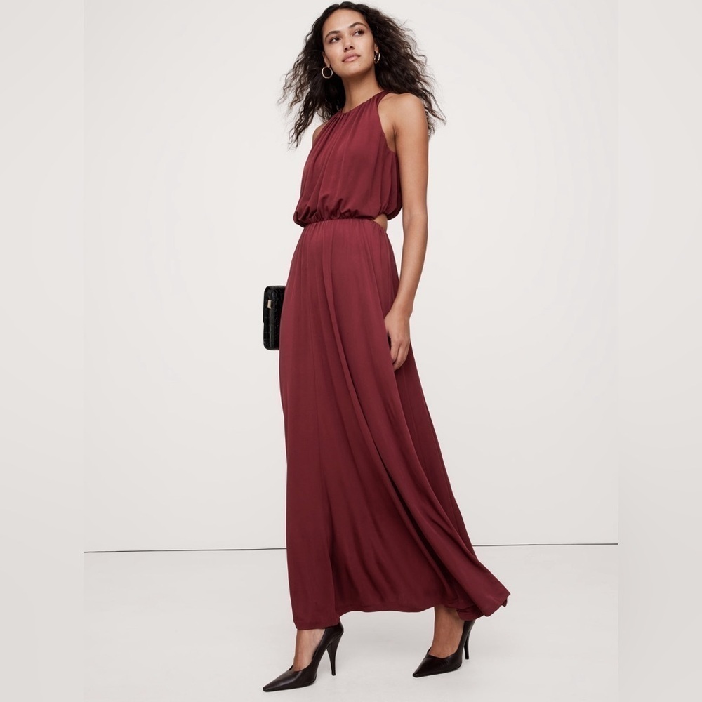NEW! Banana Republic Red Cherry Jam Crepe Knit Cut-Out Maxi Dress  🎈1️⃣